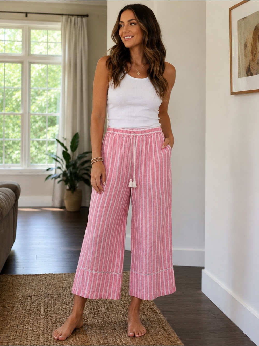 C&C California Pink & White Striped 100% Linen Wide Leg Pants – Size Medium
